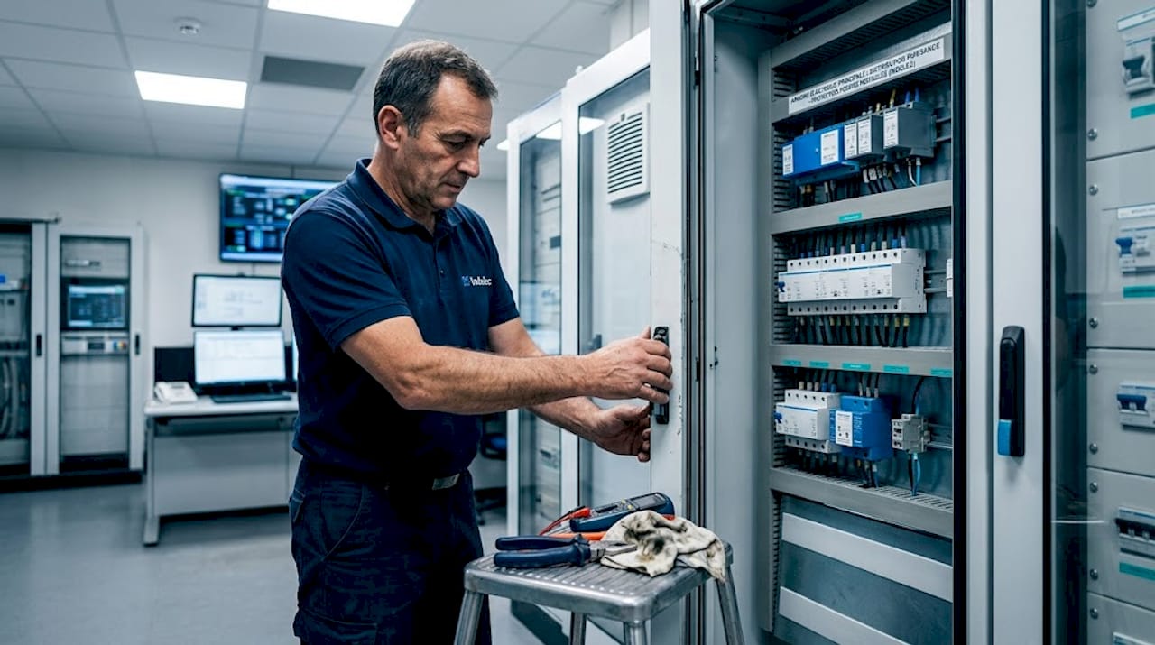 Un électricien referme un coffret électrique, laissant apparaître le parafoudre à l’intérieur.