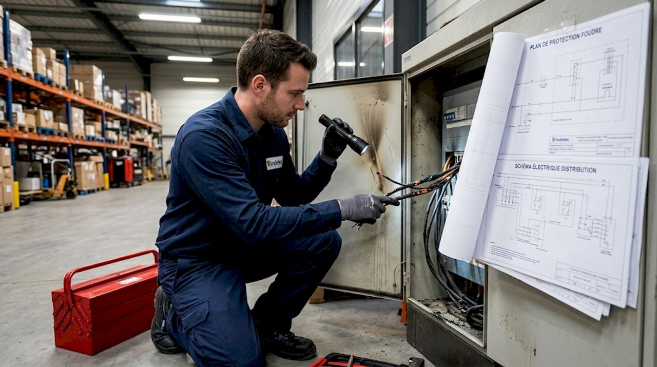 Un électricien examine les dégâts causés par une surtension électrique.