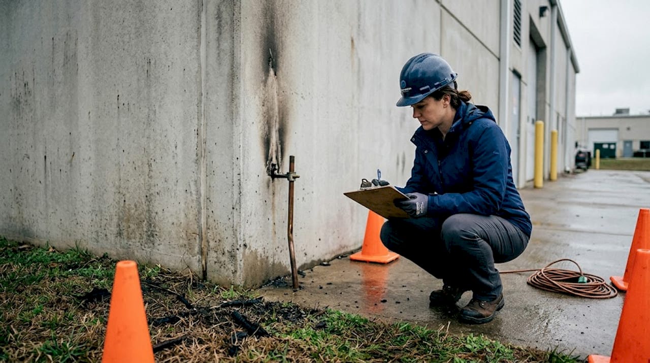 Engineer inspects facility after lightning strike