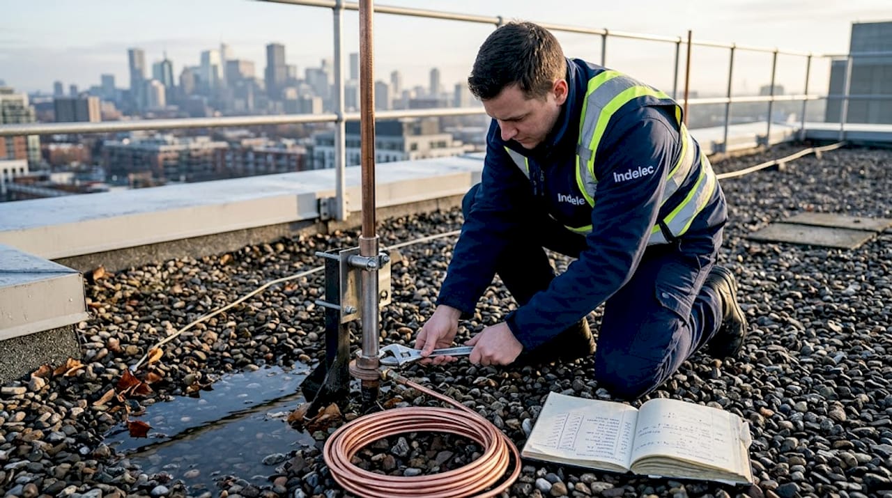 Technician checks rooftop lightning conductor