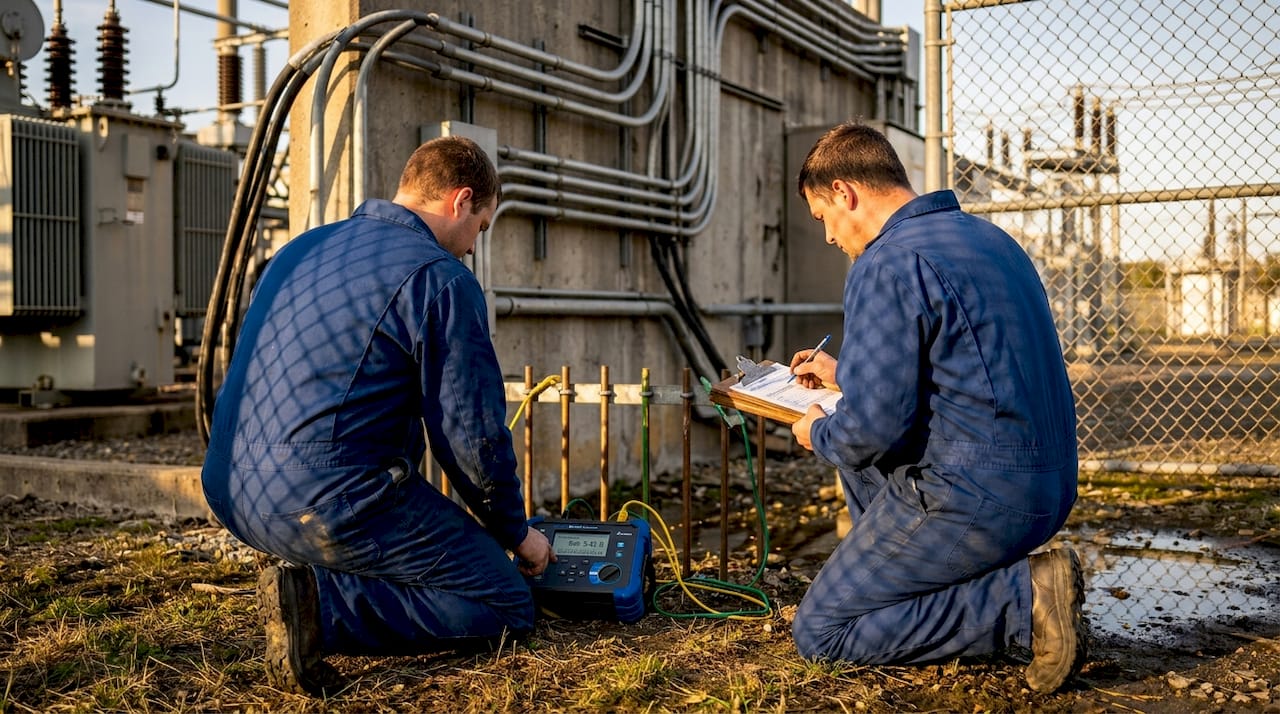 Technicians measuring ground resistance at substation
