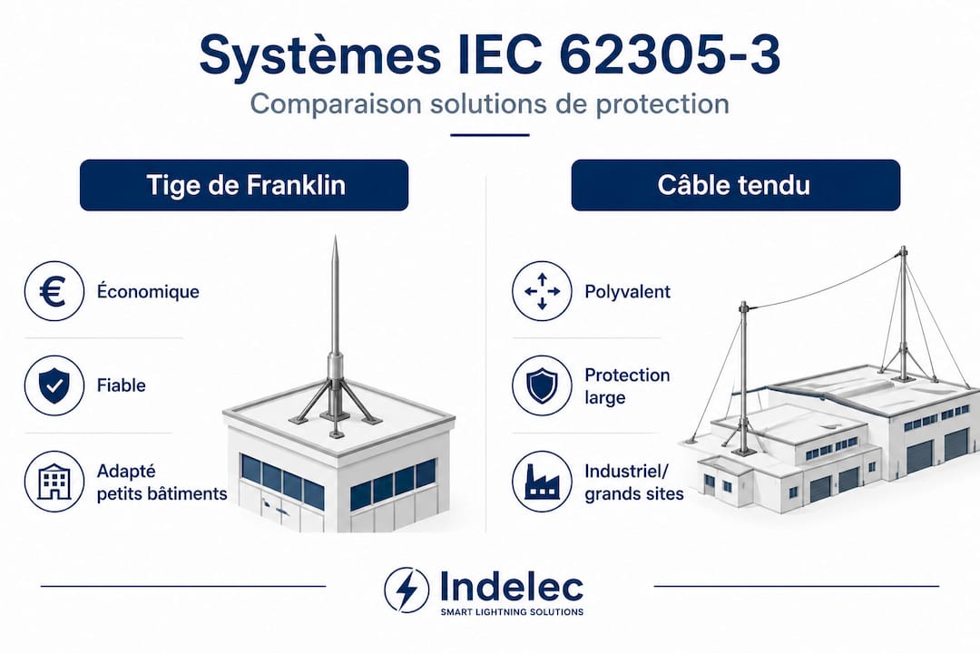 Infographie mettant en parallèle deux systèmes de protection contre la foudre selon les normes IEC