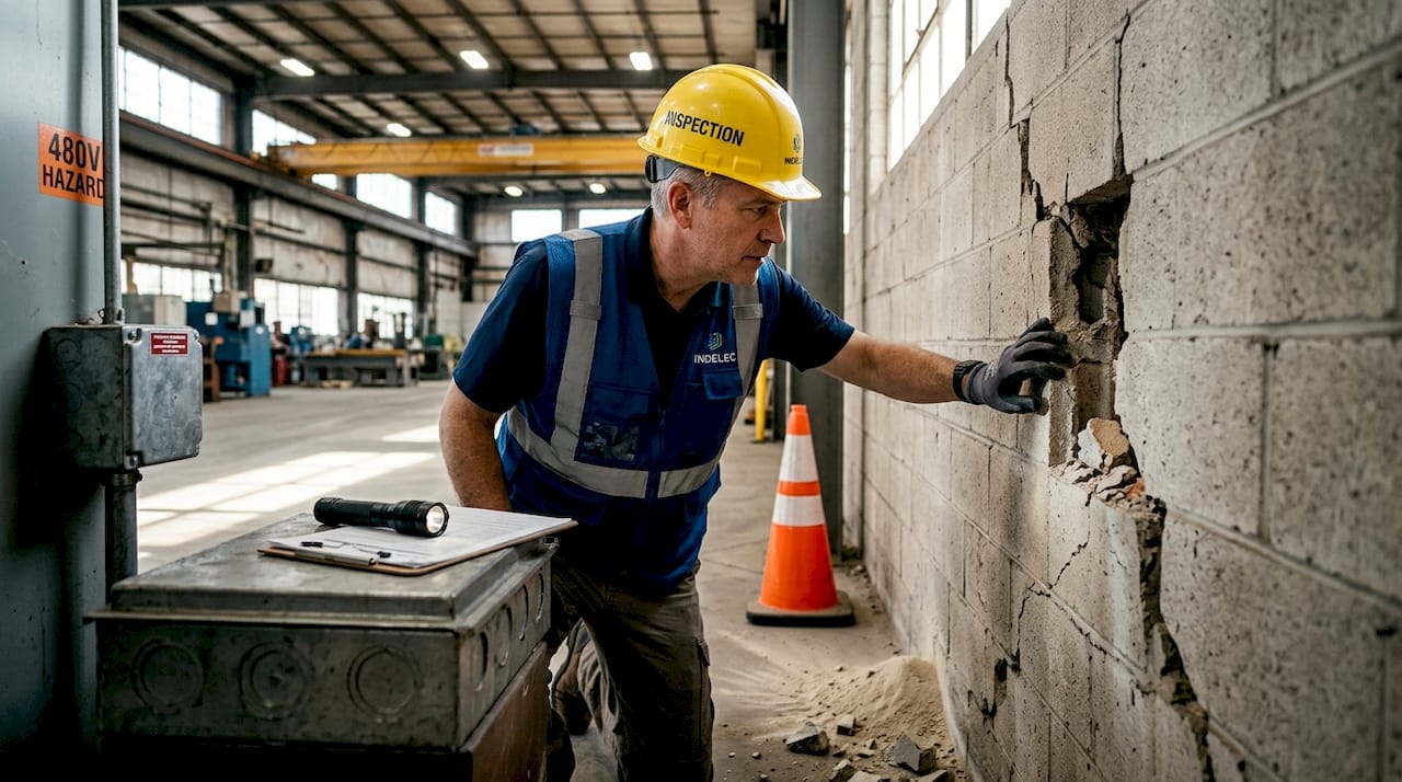 Inspector examines cracked masonry lightning damage