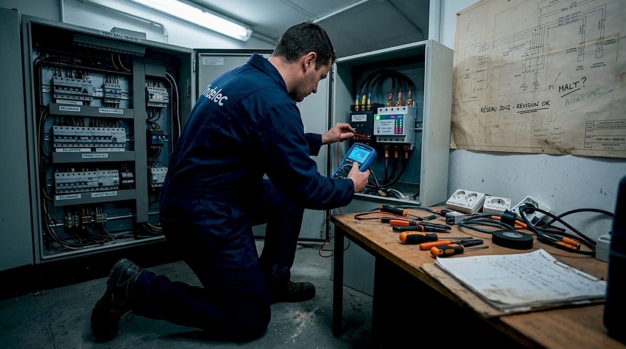 Un technicien réalise une vérification de l'installation électrique dédiée à la protection contre la foudre.