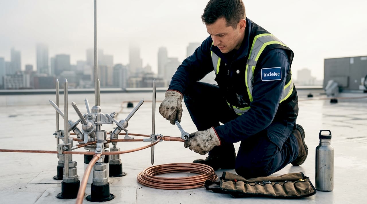 Technician maintaining rooftop lightning system