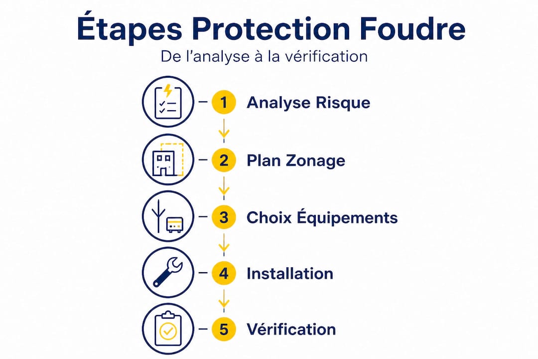 Infographie : les différentes étapes pour mettre en place un système de protection contre la foudre en milieu industriel