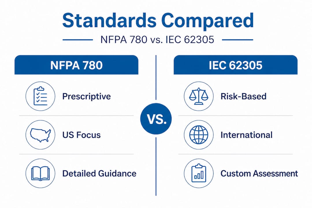 Infographic comparing NFPA 780 and IEC 62305 standards