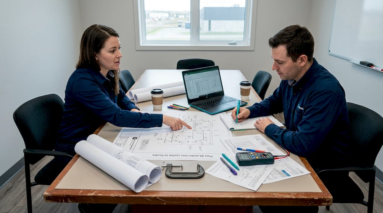 Des ingénieurs analysent les plans de protection contre la foudre.