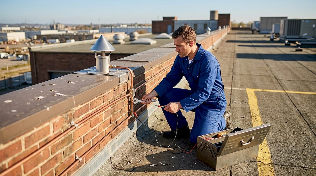 Installer checks rooftop lightning system