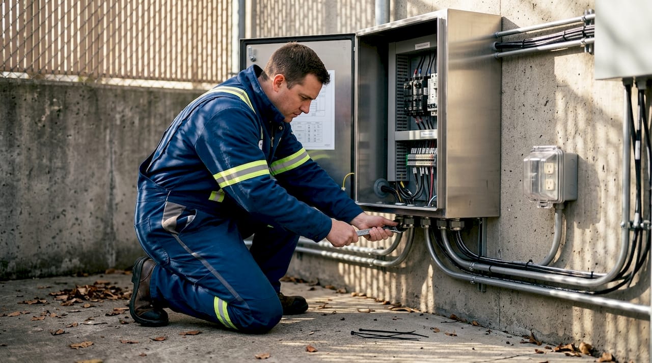 Technician mounting outdoor weatherproof electrical enclosure
