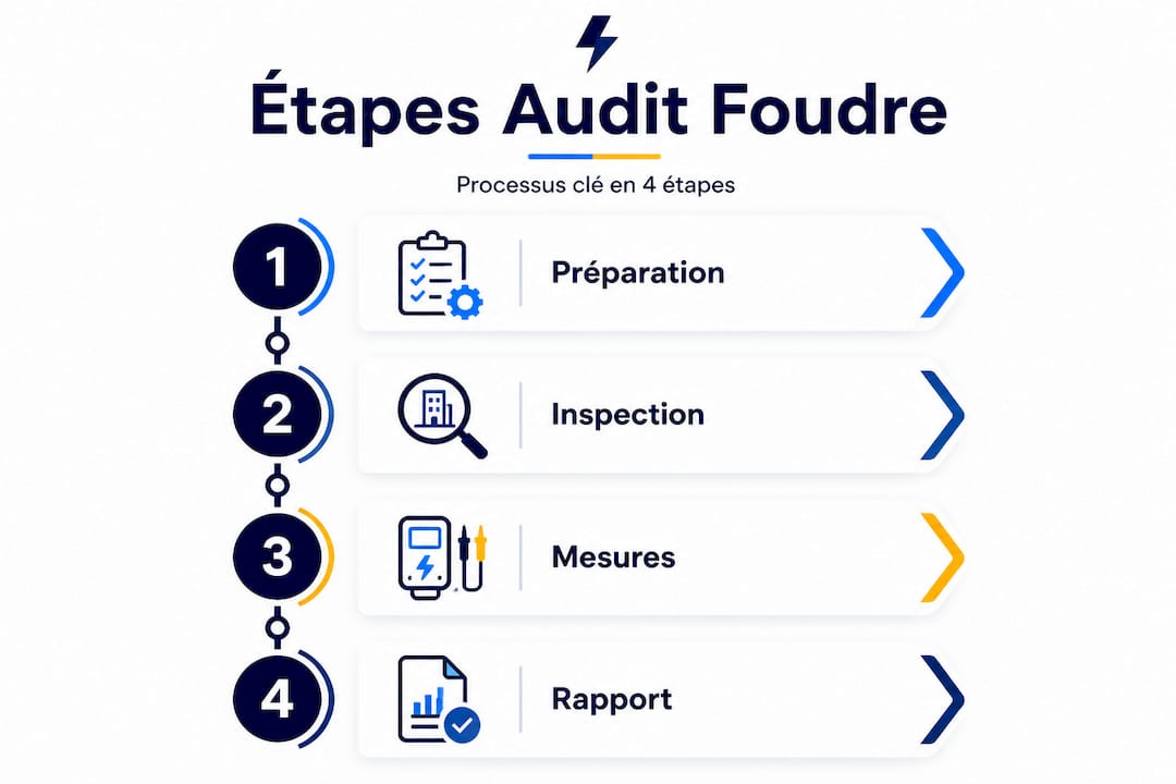 Schéma illustrant les 4 étapes clés de l’audit de la protection contre la foudre