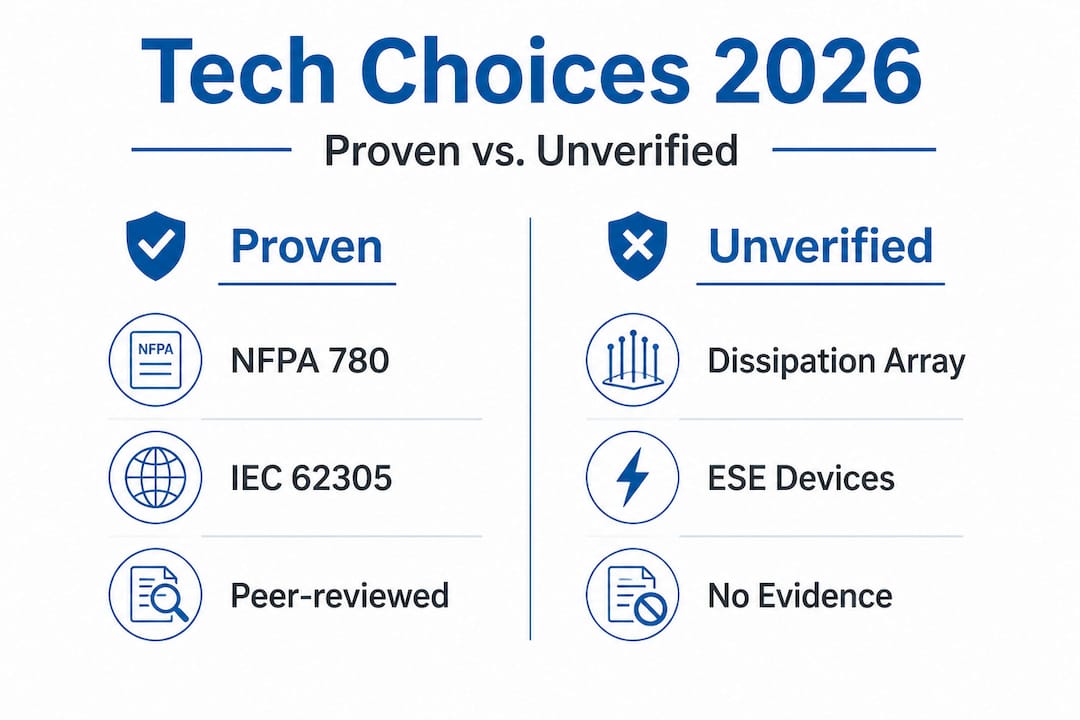 Infographic comparing proven and unverified lightning protection technologies