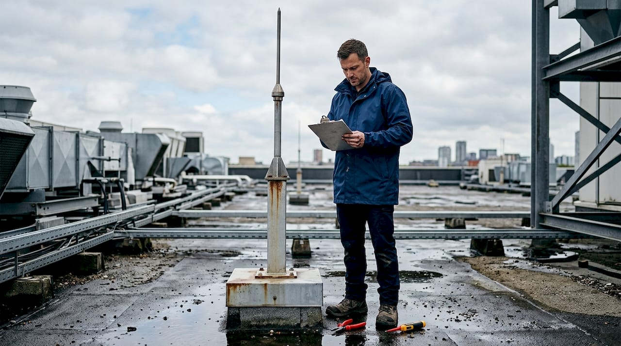 Technician inspecting rooftop lightning rod hardware