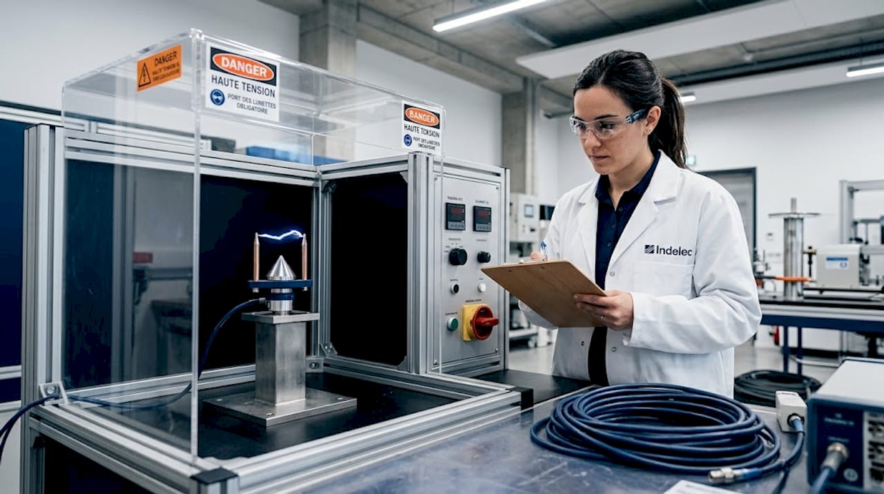 Un ingénieur assiste à un essai en laboratoire d’un dispositif destiné à recréer la foudre.