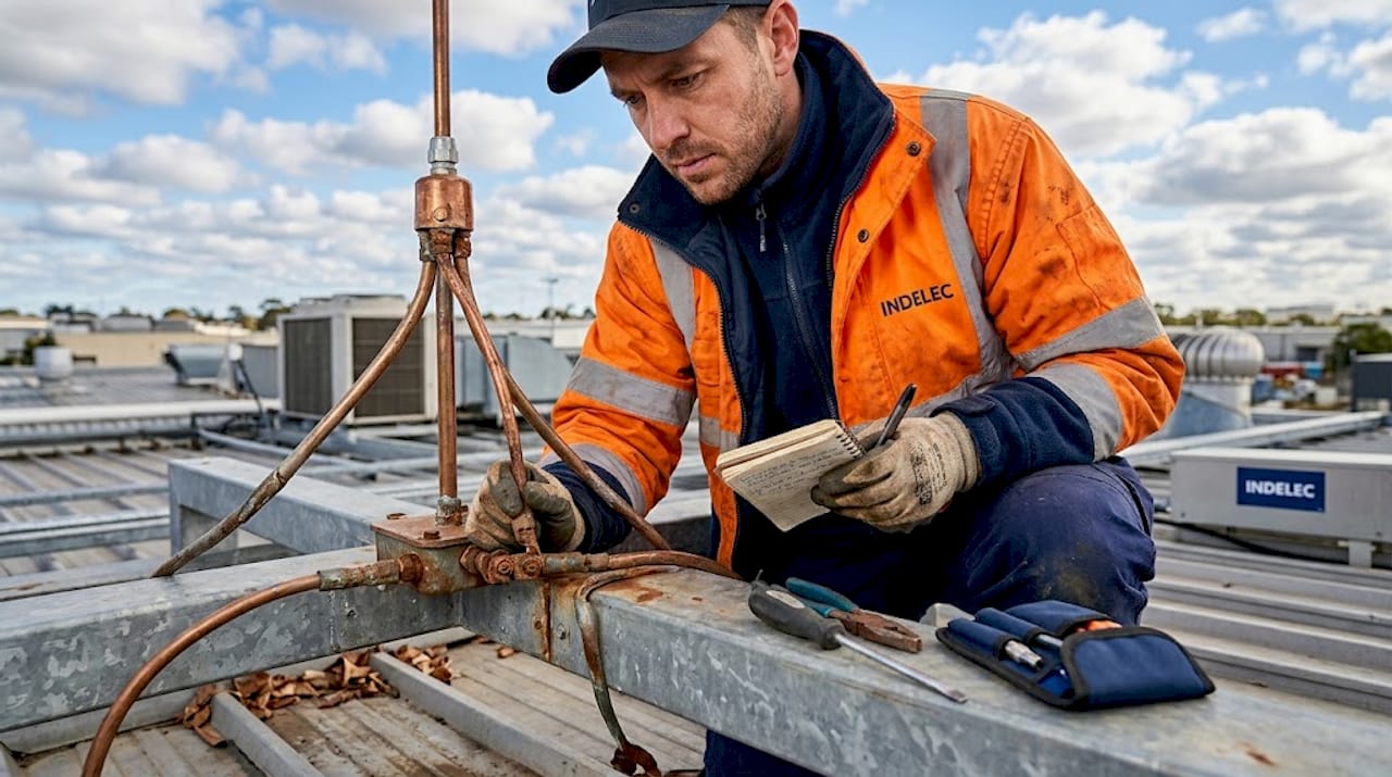 Un technicien procède au contrôle de l’installation du système de protection contre la foudre.