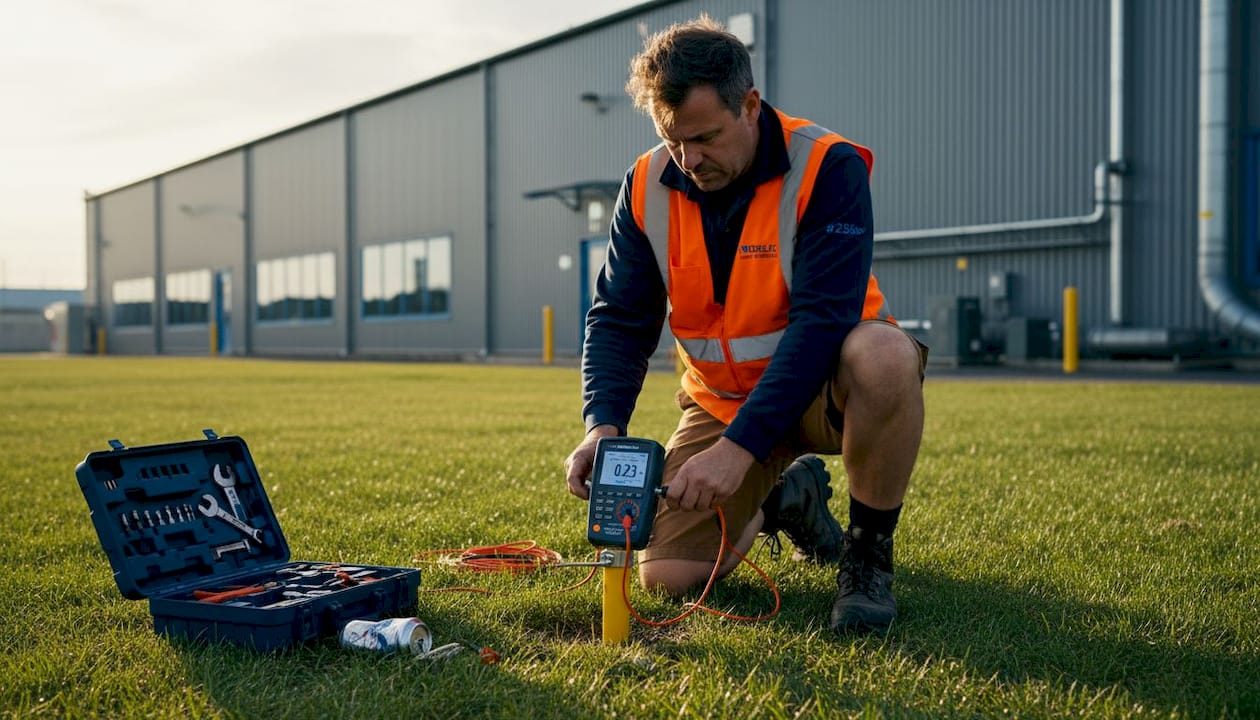 Technician testing surge system grounding outdoors