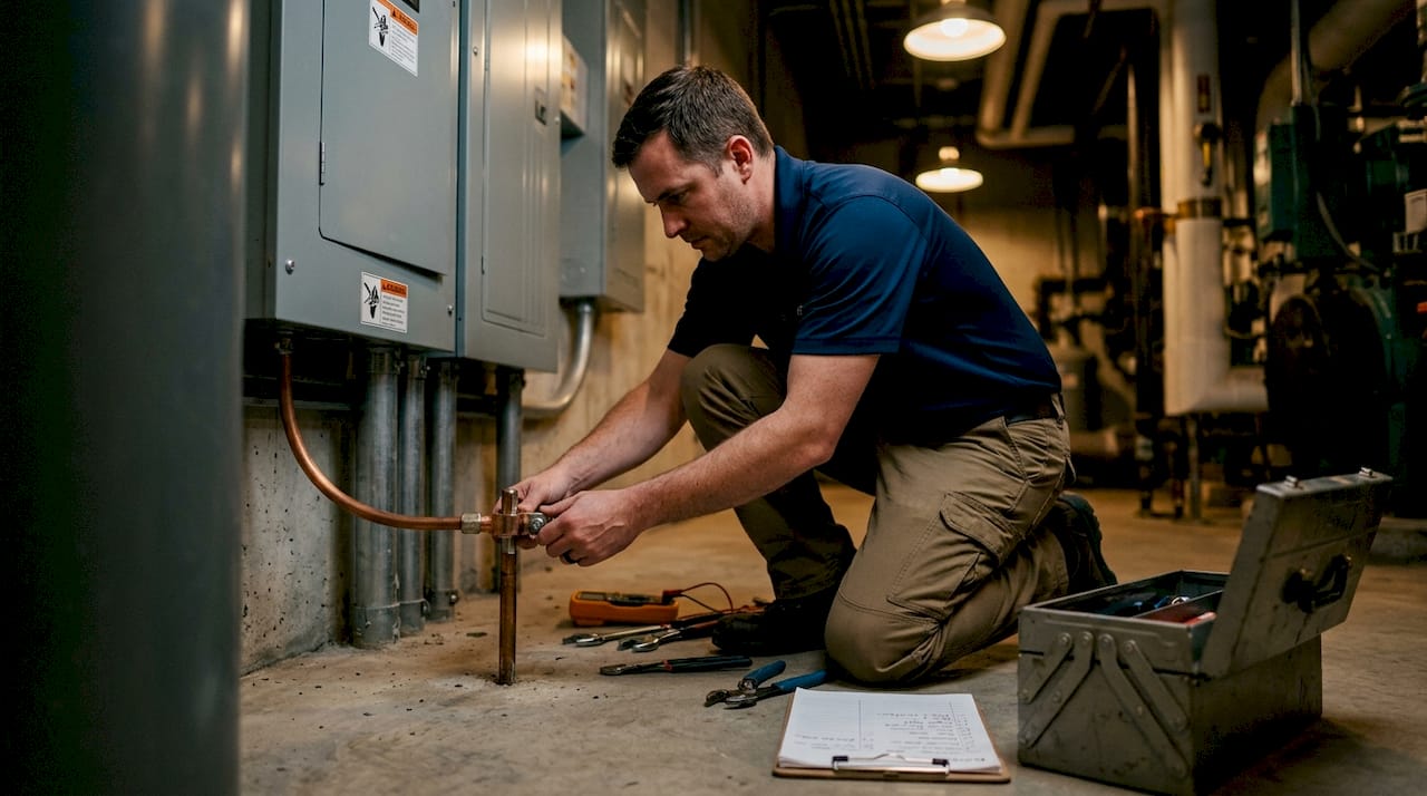 Facility inspector checking grounding bonds