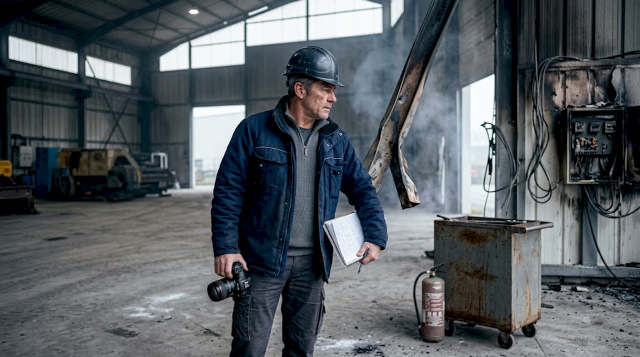 Un responsable inspecte les dommages causés par un incendie sur un site industriel.