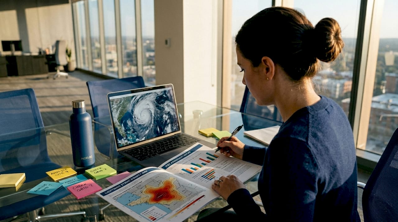 Manager reviewing wildfire risk charts and data