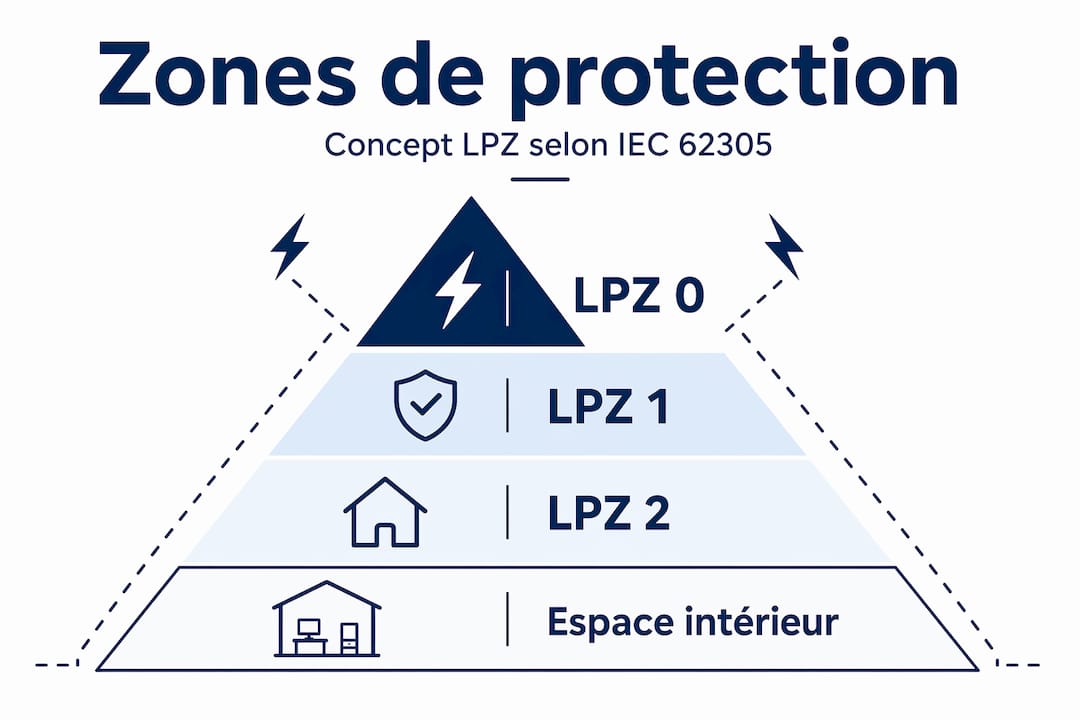 Schéma illustrant la hiérarchie des zones de protection contre la foudre (LPZ)
