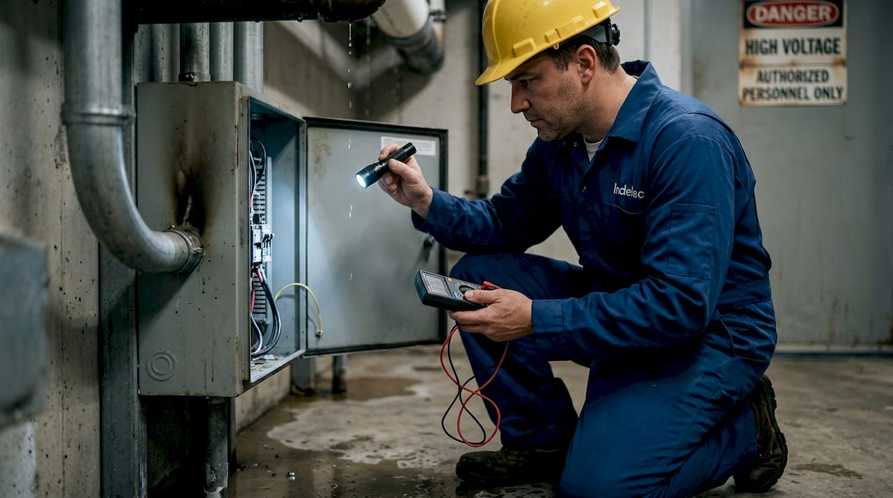 Technician inspecting lightning-damaged control panel