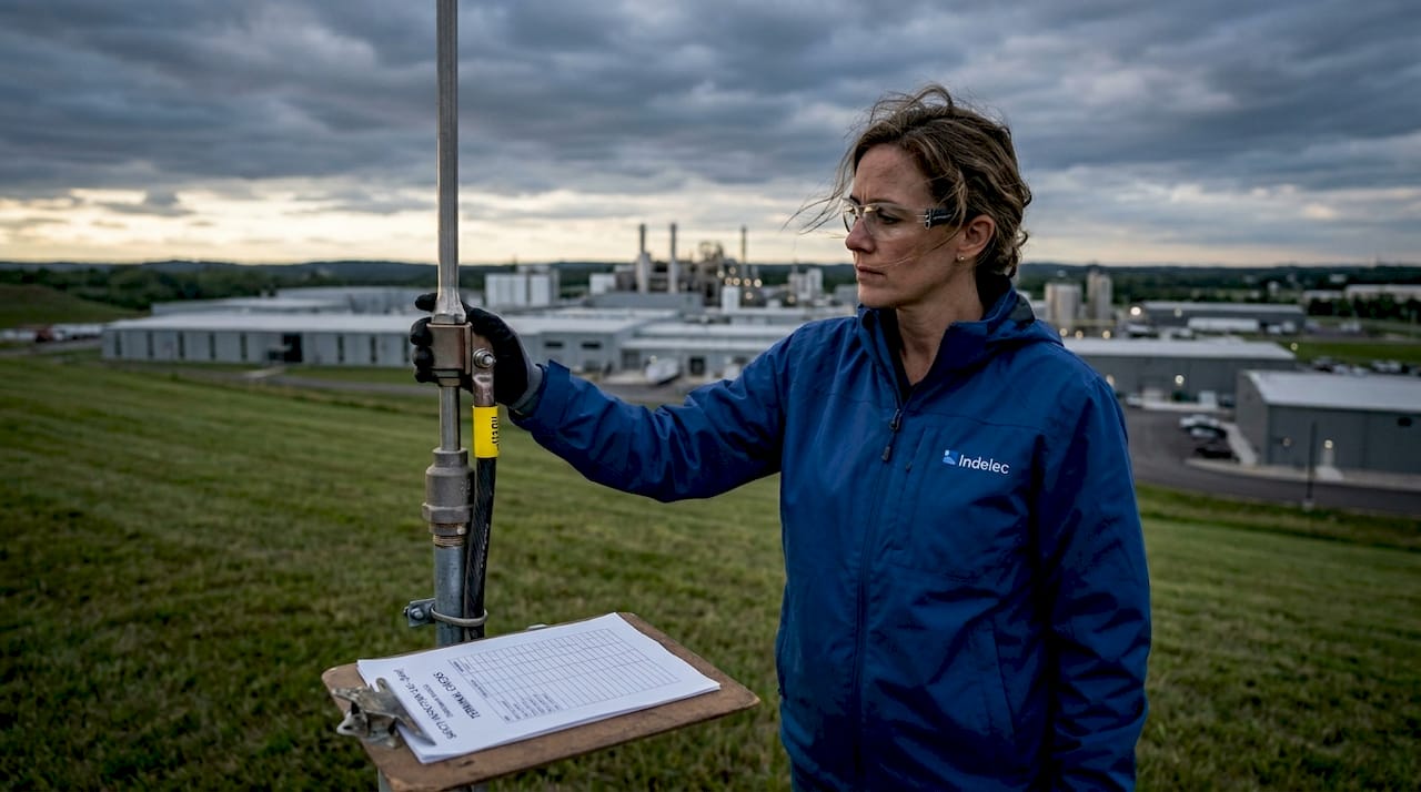 Inspector checks rooftop lightning rod connection