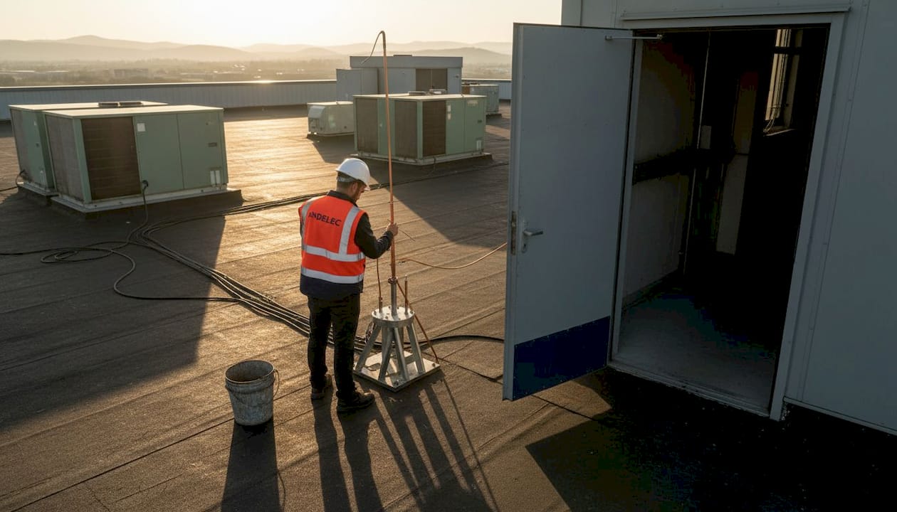 Un technicien procède à l’installation d’un paratonnerre sur le toit d’un bâtiment industriel.