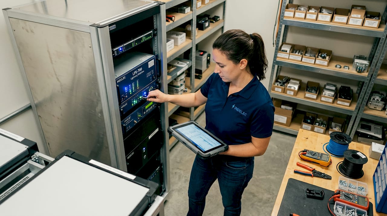 Technician checking lightning detection equipment