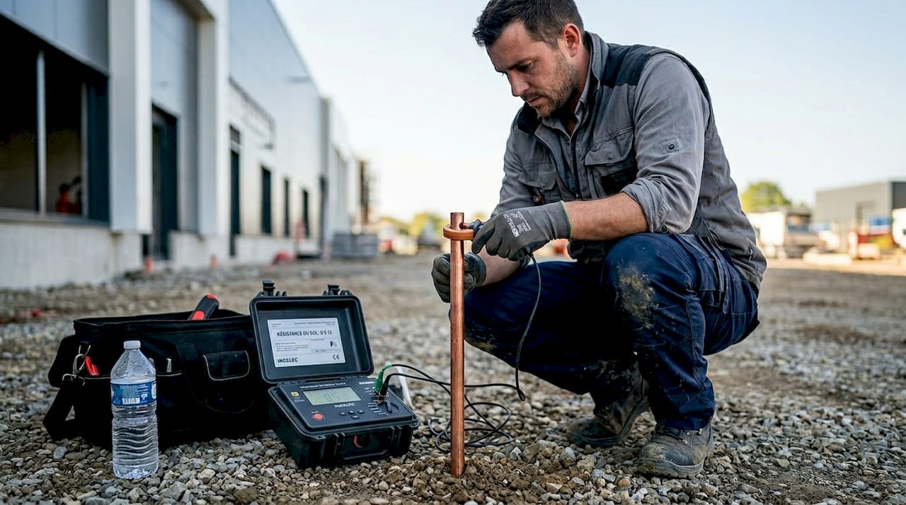 Un électricien vérifie la mise à la terre d’une installation extérieure.