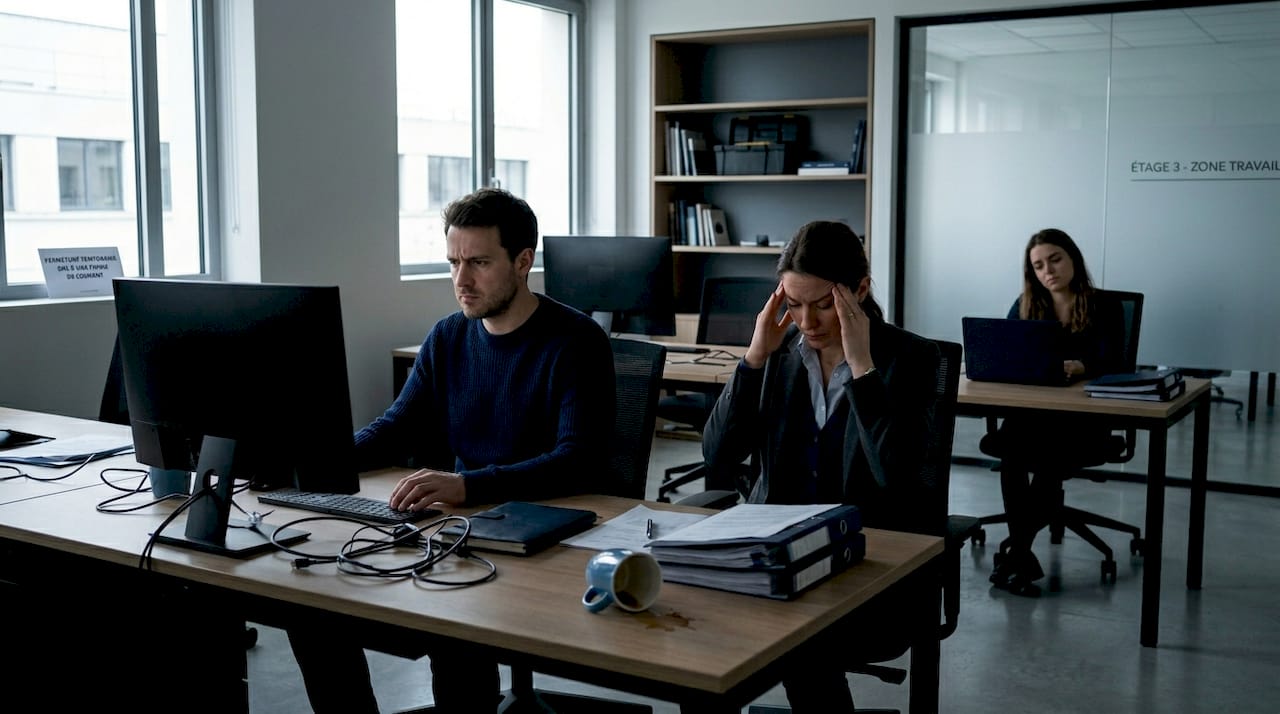 Après une coupure de courant provoquée par un orage, les employés de bureau s’organisent pour poursuivre leur travail malgré les difficultés.