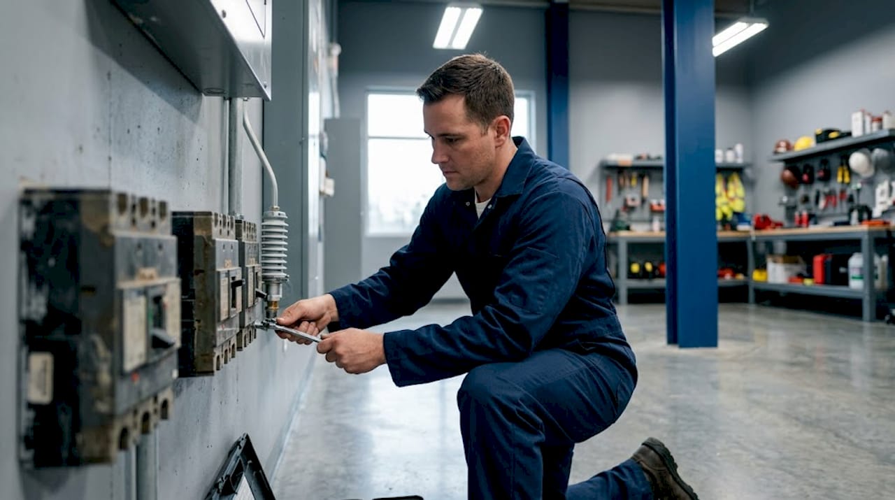 Technician installs valve type lightning arrester