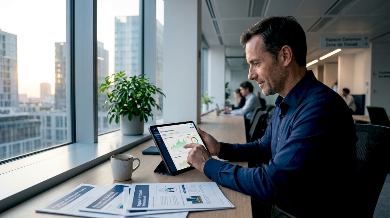 Un responsable réalise la maintenance des systèmes de protection contre la foudre à l’aide d’une tablette.