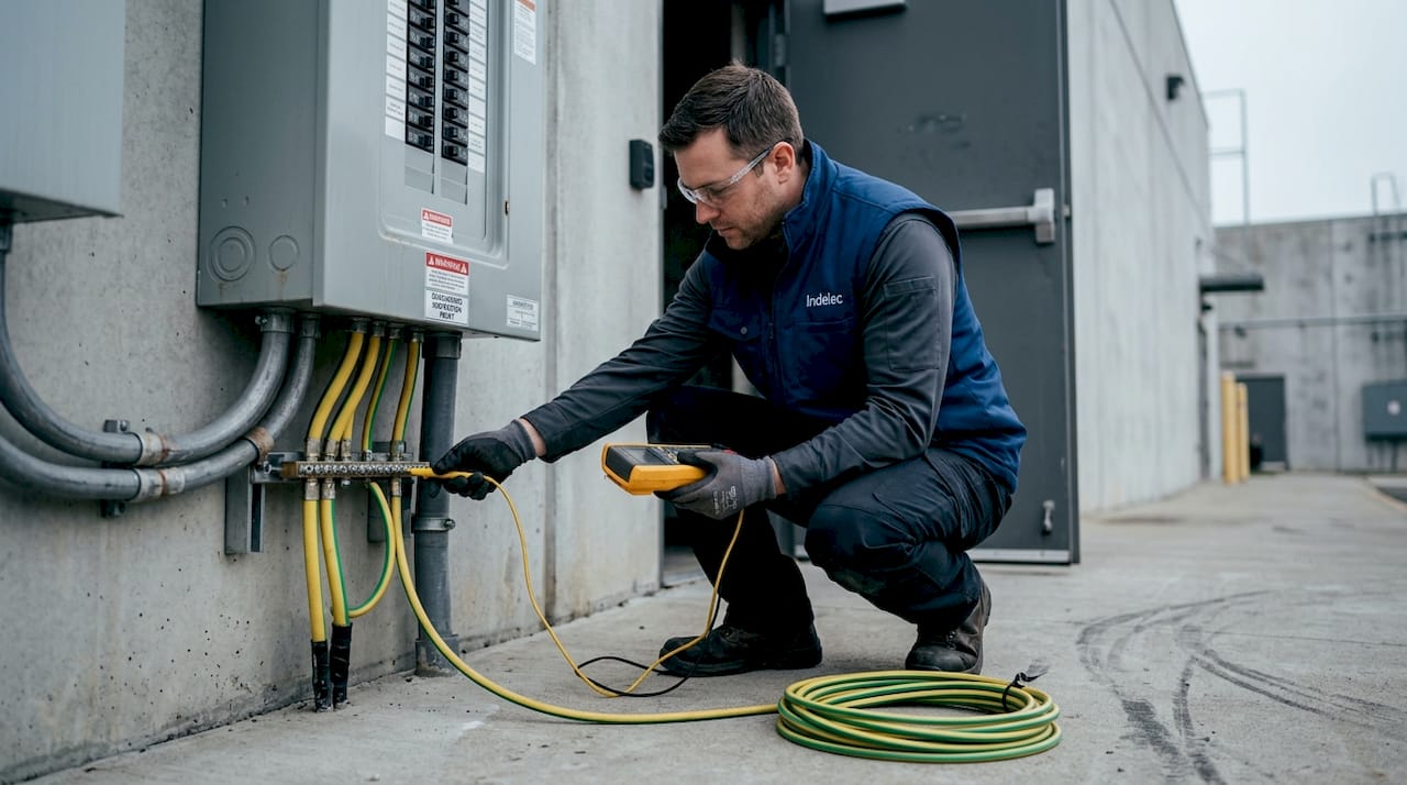 Technician inspecting outdoor grounding for lightning protection