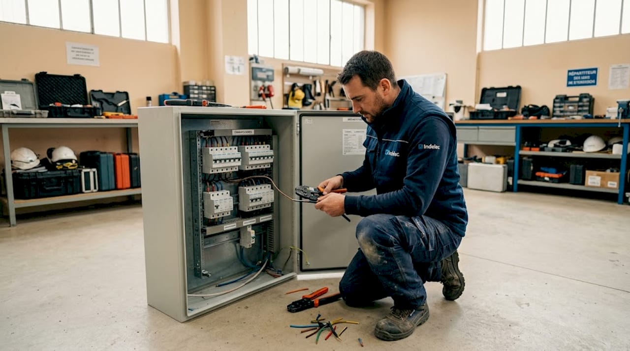 Un technicien procède à l’installation de parafoudres dans une armoire électrique.