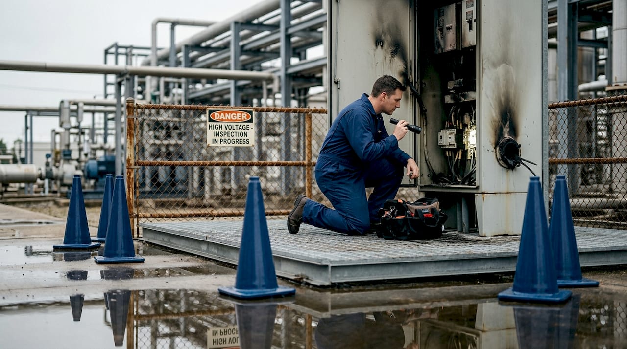 Worker inspecting lightning-damaged industrial cabinet