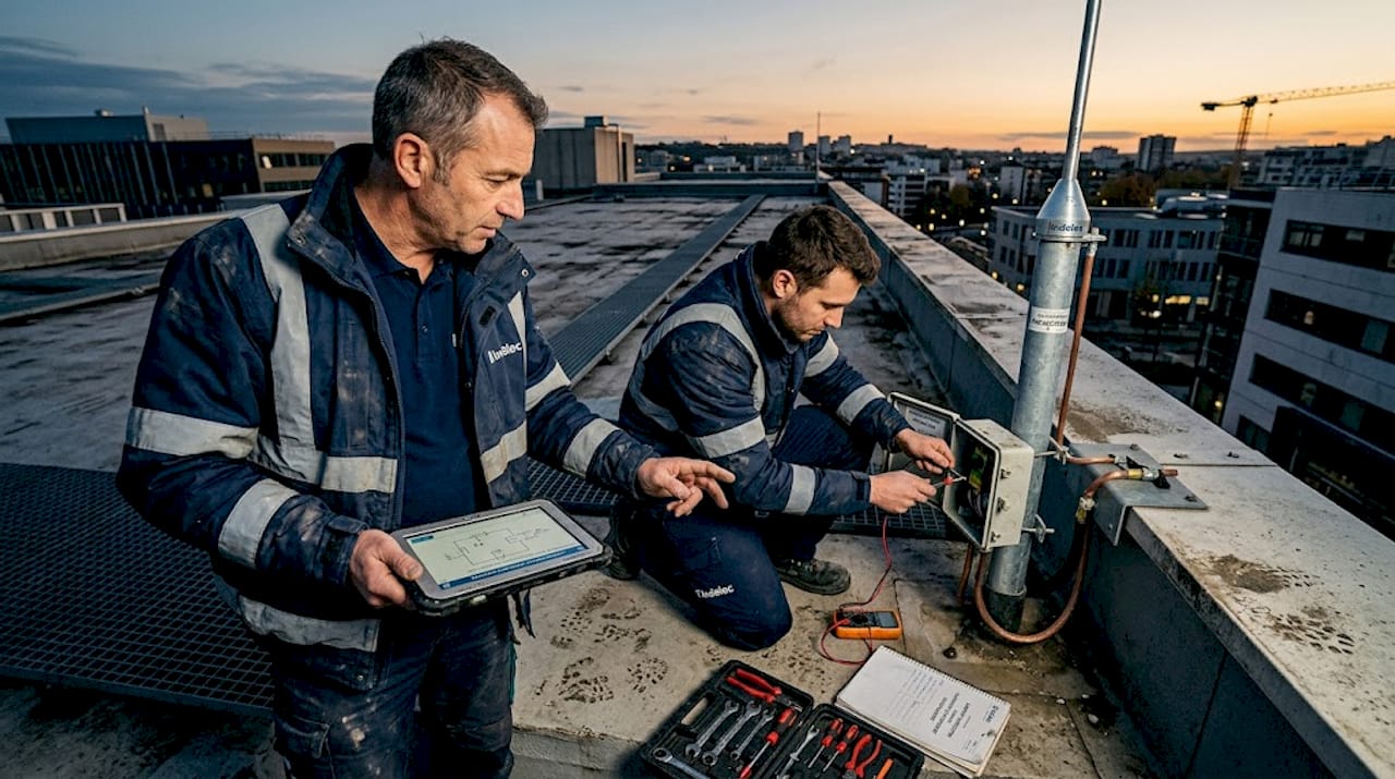 Vérification du système de paratonnerre directement sur le site de construction