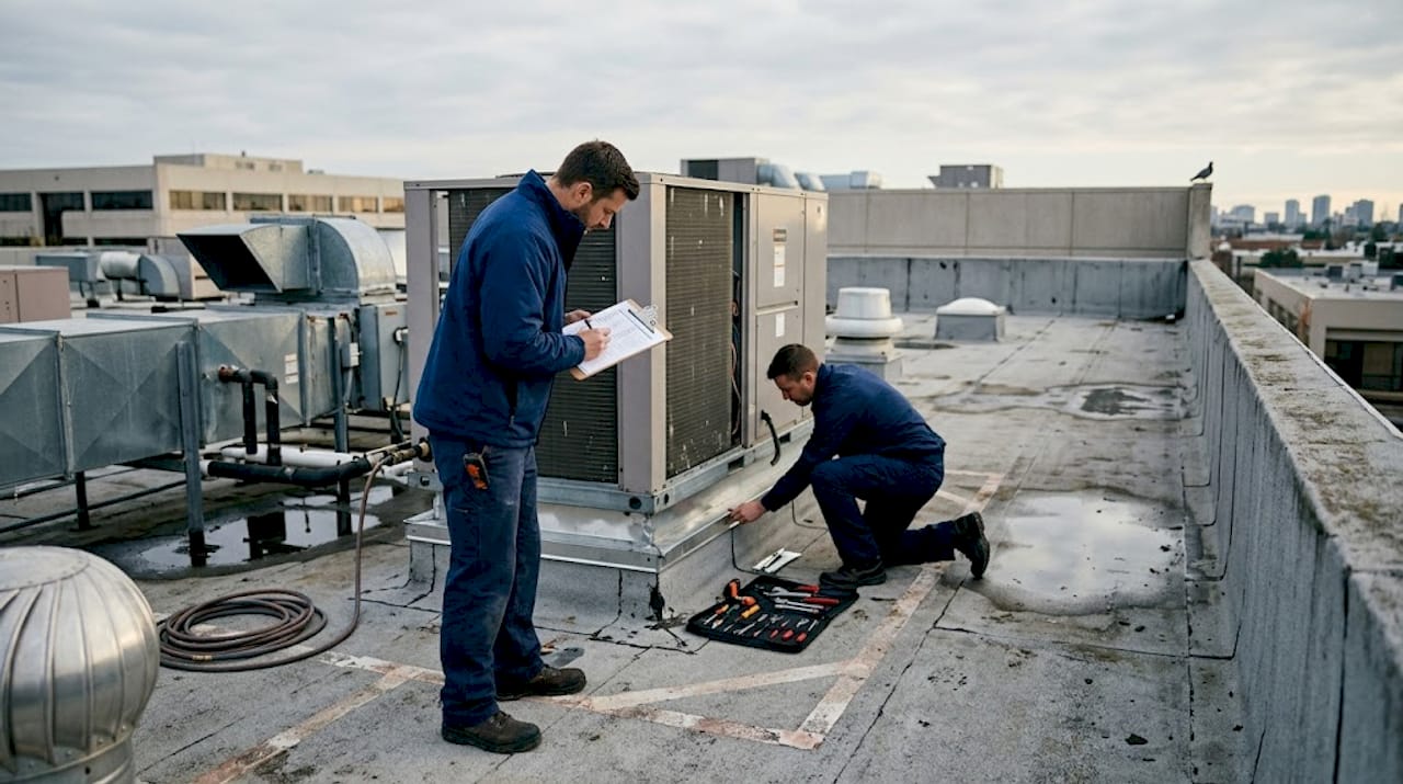 Technicians inspecting rooftop equipment
