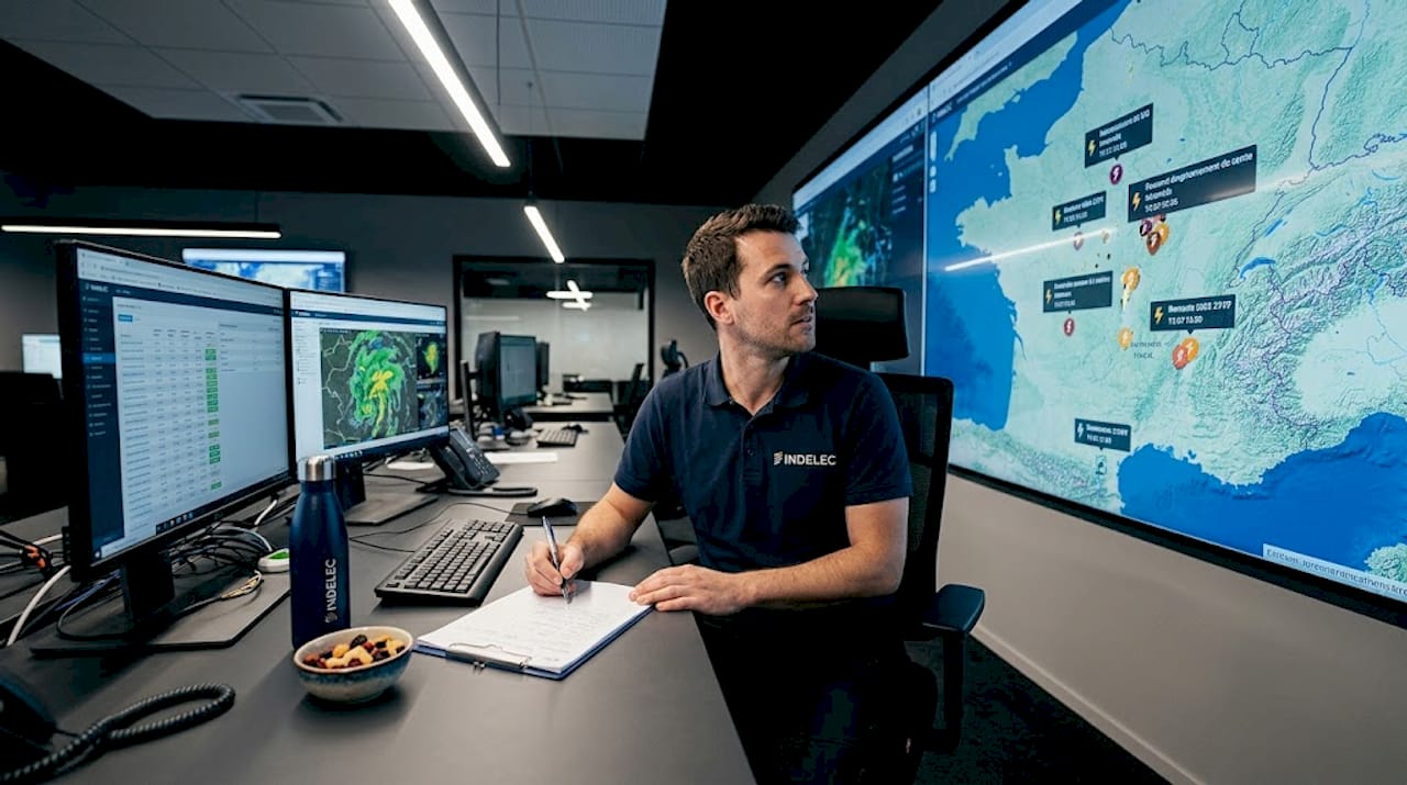 Un technicien surveille en temps réel les impacts de foudre sur une carte interactive.
