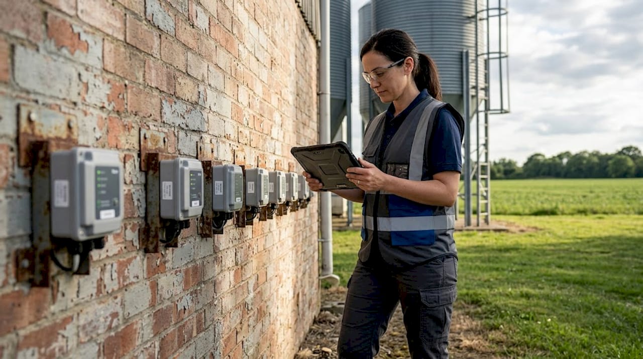 Technician checks outdoor IoT lightning sensors