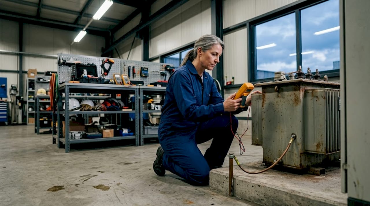 Engineer inspecting transformer for lightning damage