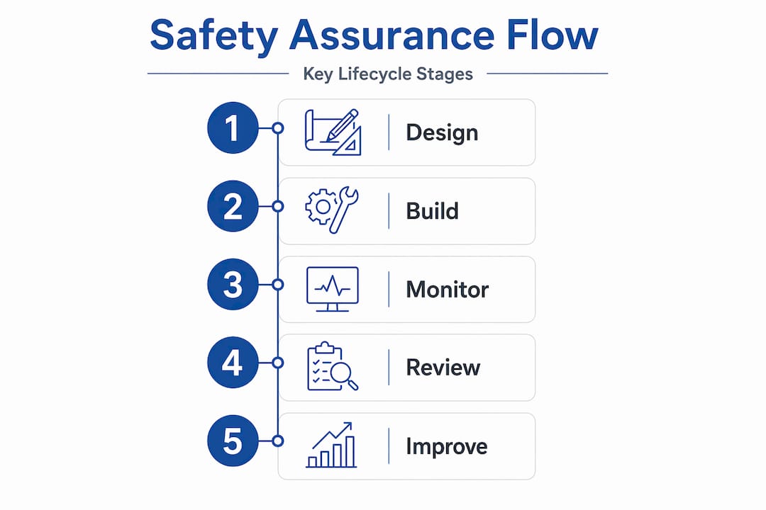 Vertical steps diagram showing safety assurance flow