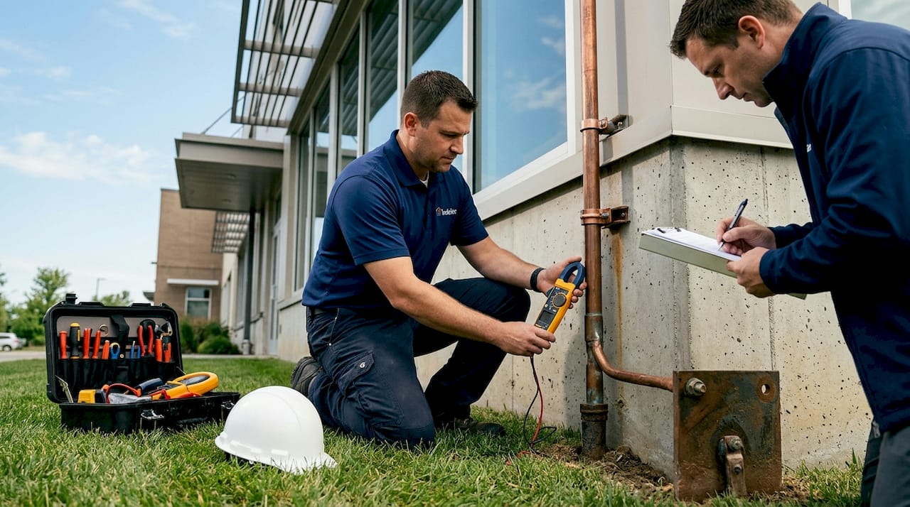 Field team testing lightning protection conductor