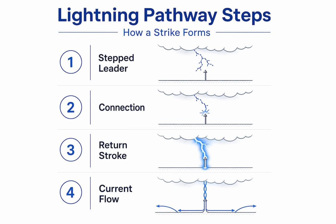 Lightning pathway process visualized in four steps