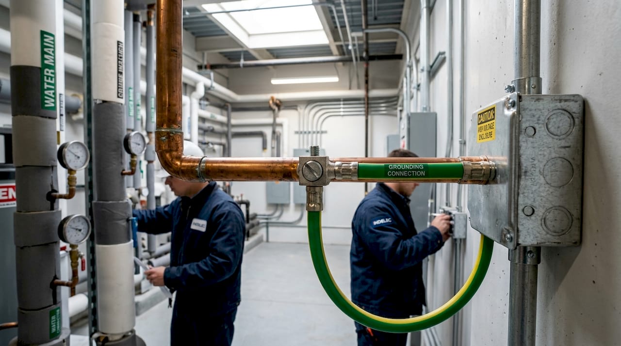 Close-up of bonding conductor connection to pipe