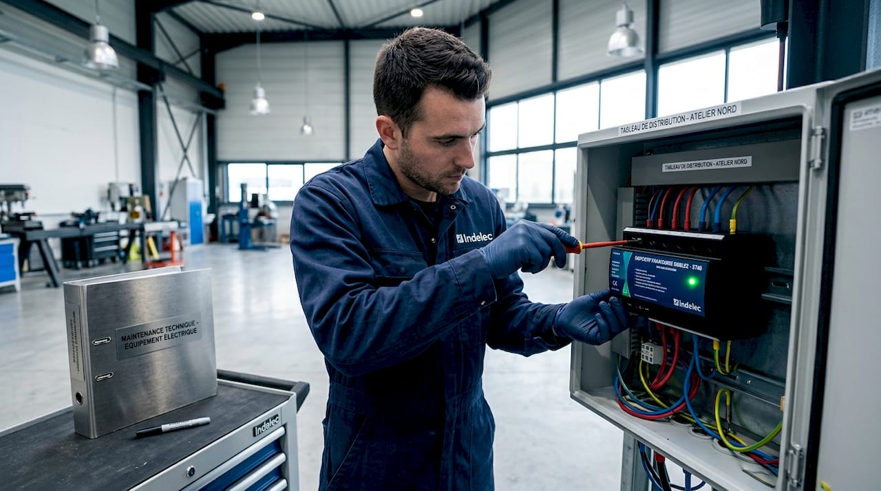 Un technicien procède au réglage d’un parafoudre dans un atelier industriel.