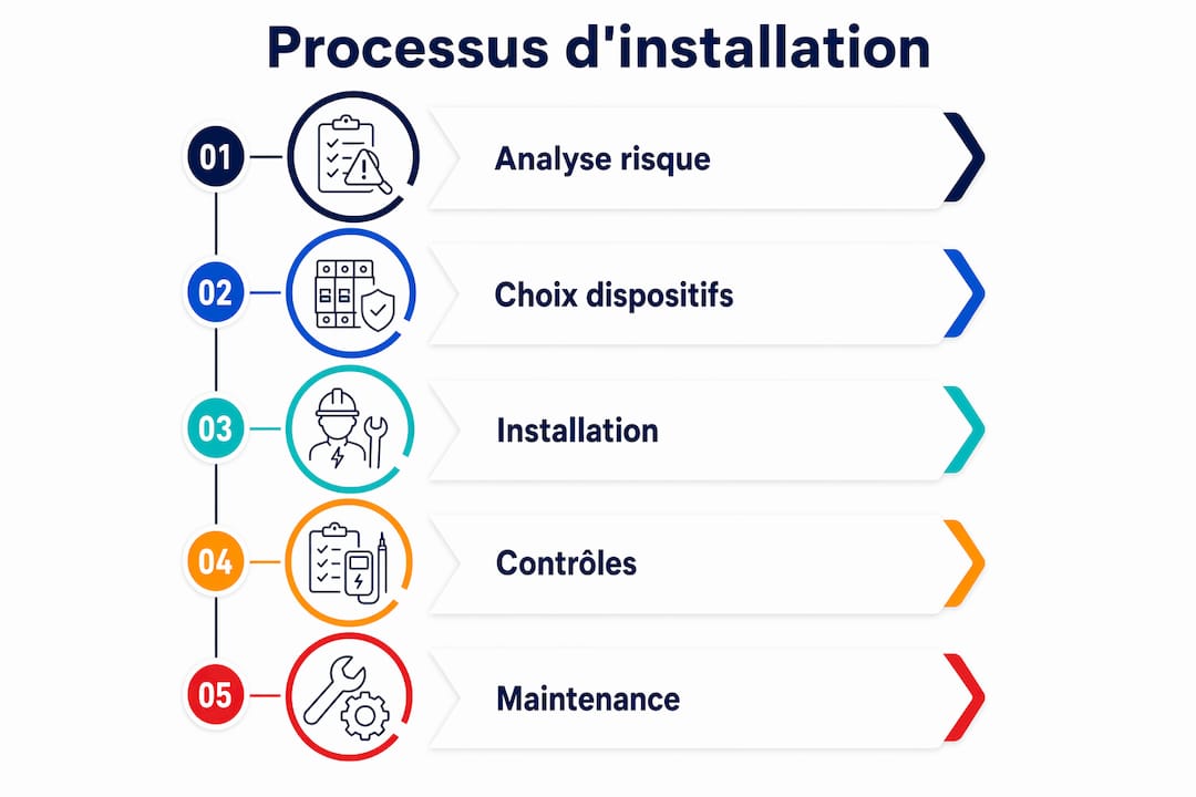 Schéma illustrant les différentes étapes à suivre pour mettre en place une installation de protection contre la foudre.