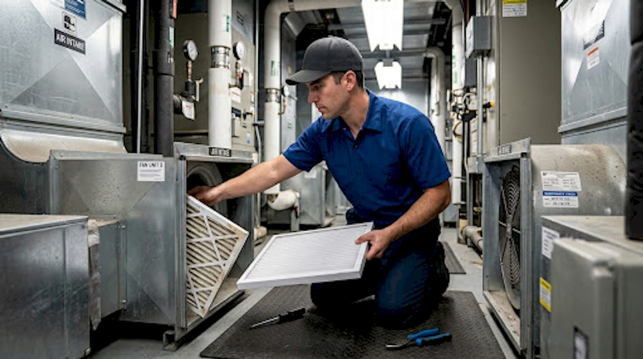Technician changing HVAC air filter indoors