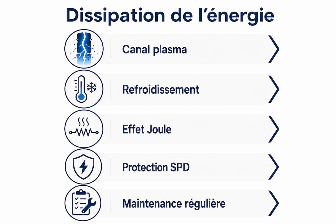 Schéma illustrant comment l’énergie de la foudre se dissipe étape par étape