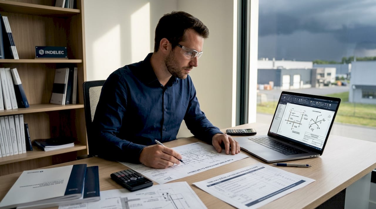Un ingénieur en train d’examiner des plans pour évaluer les risques liés à la foudre.