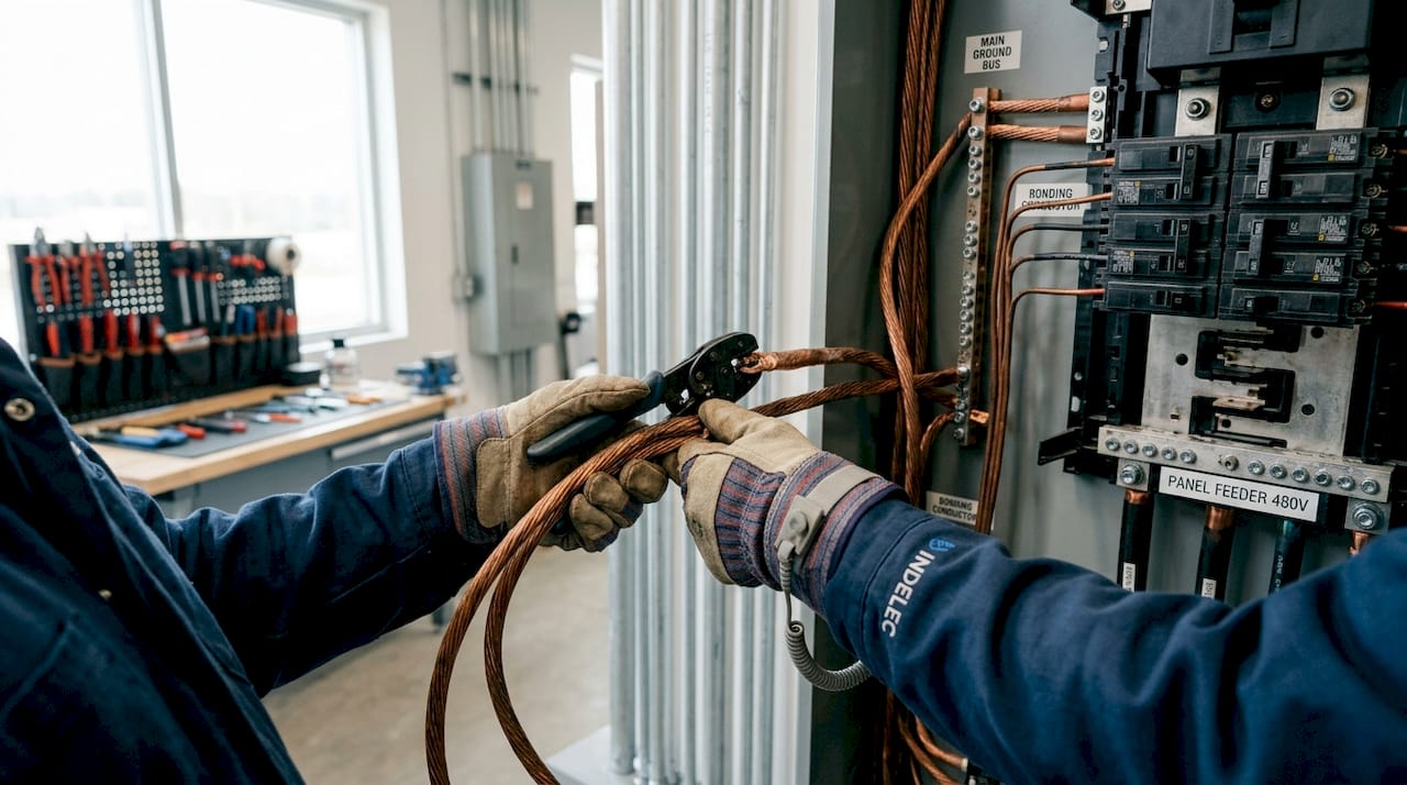 Hands connecting grounding and bonding cables in electrical panel